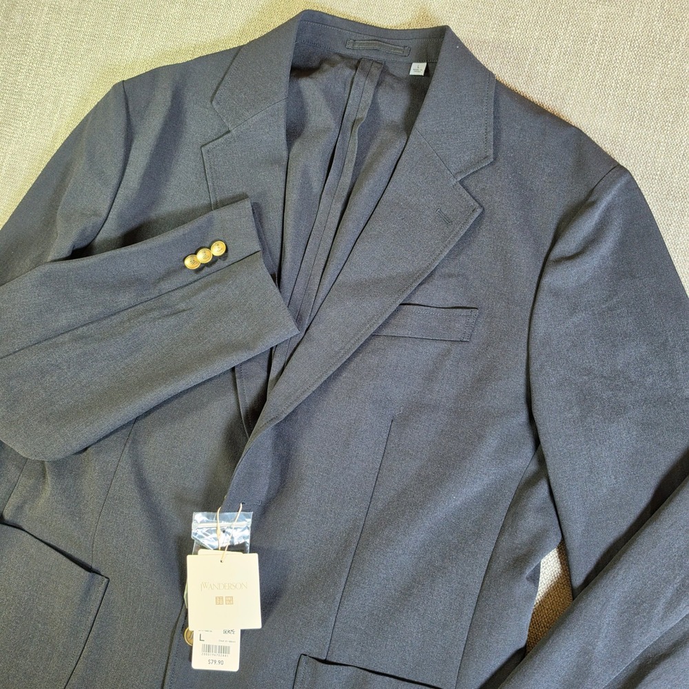 NEW! Uniqlo JW Anderson AirSense Blazer Mens L Navy Blue Gold Button Sport Coat